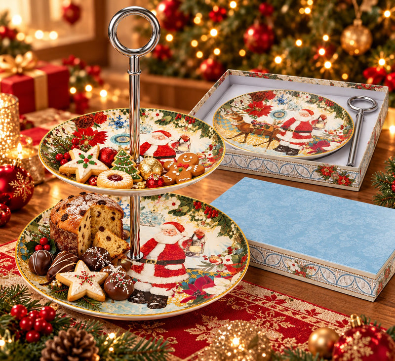 Présentoir 2 Étages Porcelaine Père Noël 27 cm