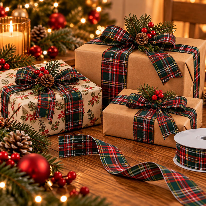 Piovaccari Ruban de Noël Tartan Vert et Rouge 38 mm x 20 m – Ruban Écossais Décoratif pour Sapin de Noël, Nœuds et Paquets Cadeaux
