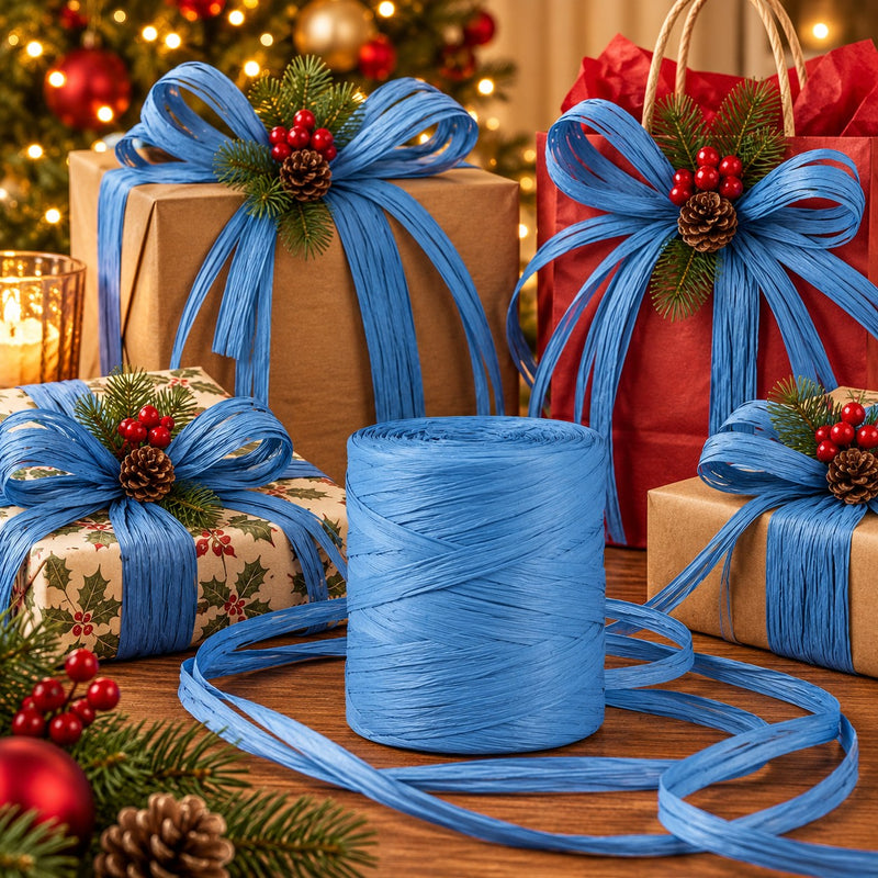 Piovaccari Paper Raphia Blue 5-8 mm x 100 m – Rafia de Papier Bleu pour Décoration, Nœuds, Emballages Cadeaux et DIY