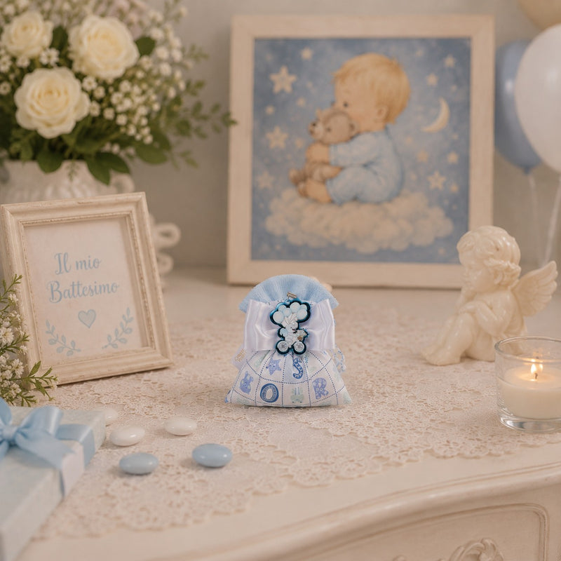 Créations pour Enzo Sachet Bonbonnière Bébé Petite Lettre Bleu Ciel 14x13 cm Porte-dragées Boîte 10 pcs