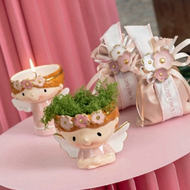 Bougie Angel rose Cupido&Co. D 75 mm H 95 mm avec cabas