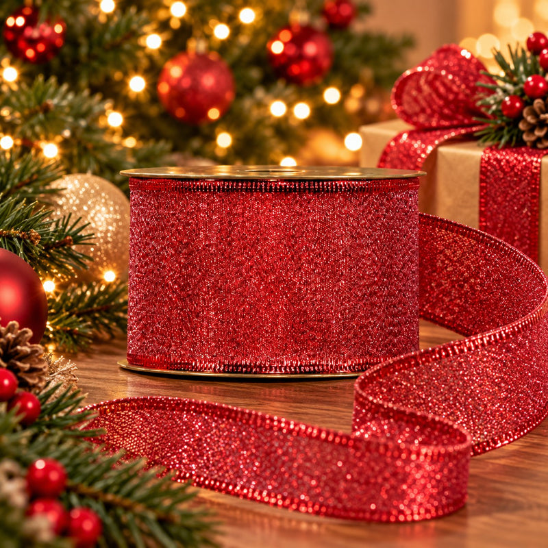Piovaccari Ruban Amelie Rouge 63 mm x 10 m – Ruban Décoratif de Noël pour Sapin, Noeuds et Emballages Cadeaux