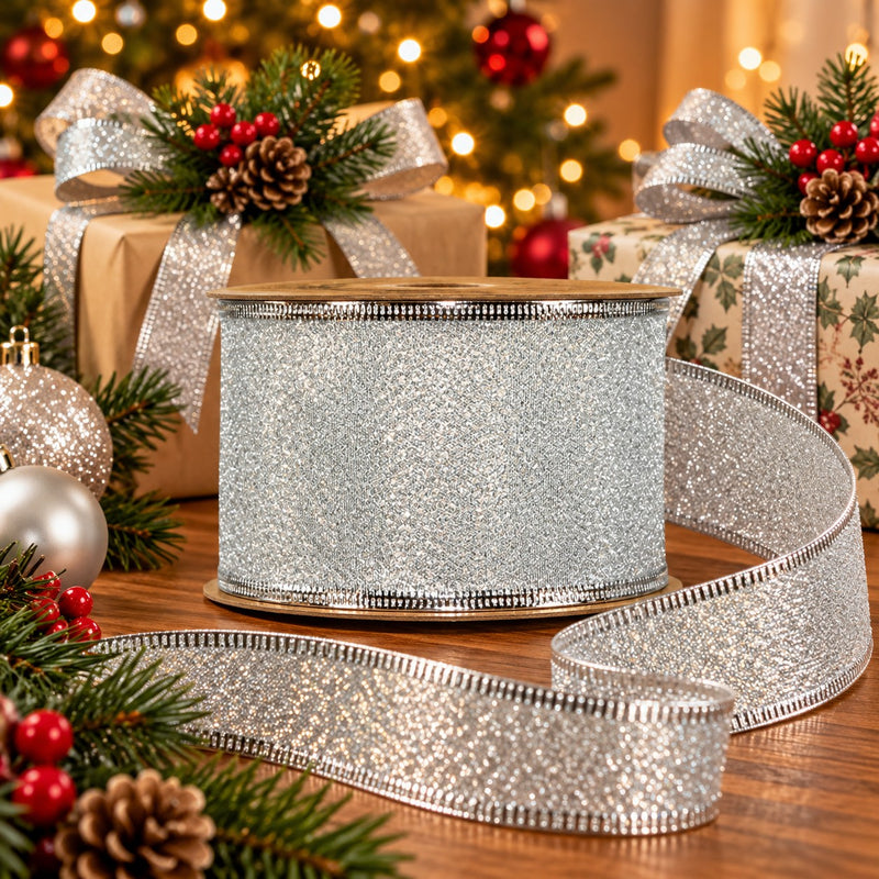 Piovaccari Ruban Amelie Argent 63 mm x 10 m – Ruban Décoratif de Noël pour Sapin de Noël, Nœuds et Emballages Cadeaux