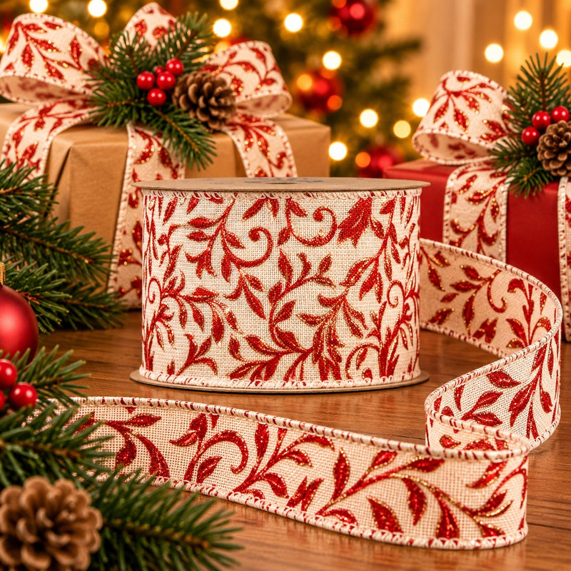 Piovaccari Ruban Noël Red Arabesque Rouge 63 mm x 10 m – Ruban Décoratif avec Motif Arabesque pour Sapin de Noël, Nœuds et Emballages Cadeaux
