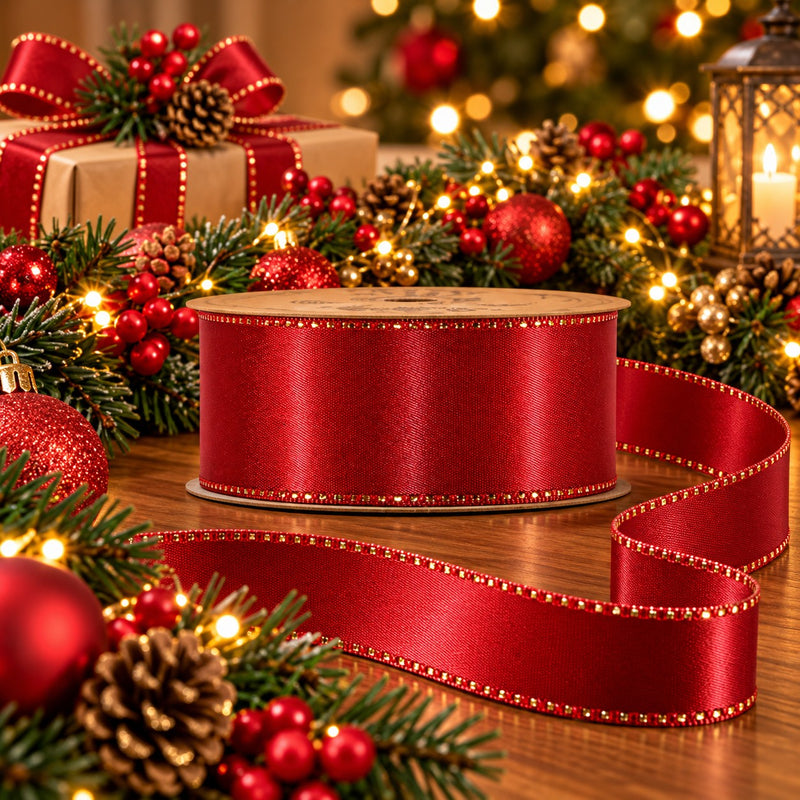 Piovaccari Ruban Satinée Red Dahlia 25 mm x 20 m – Ruban Satiné Rouge pour Nœuds, Emballages Cadeaux et Décrations de Noël