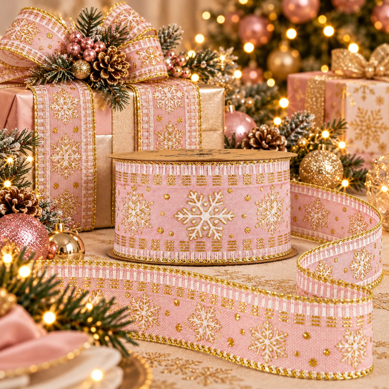 Piovaccari Ruban de Noël Snowflake in Pink Rose 63 mm x 10 m – Ruban décoratif à flocons de neige pour sapin de Noël, nœuds et emballages cadeaux