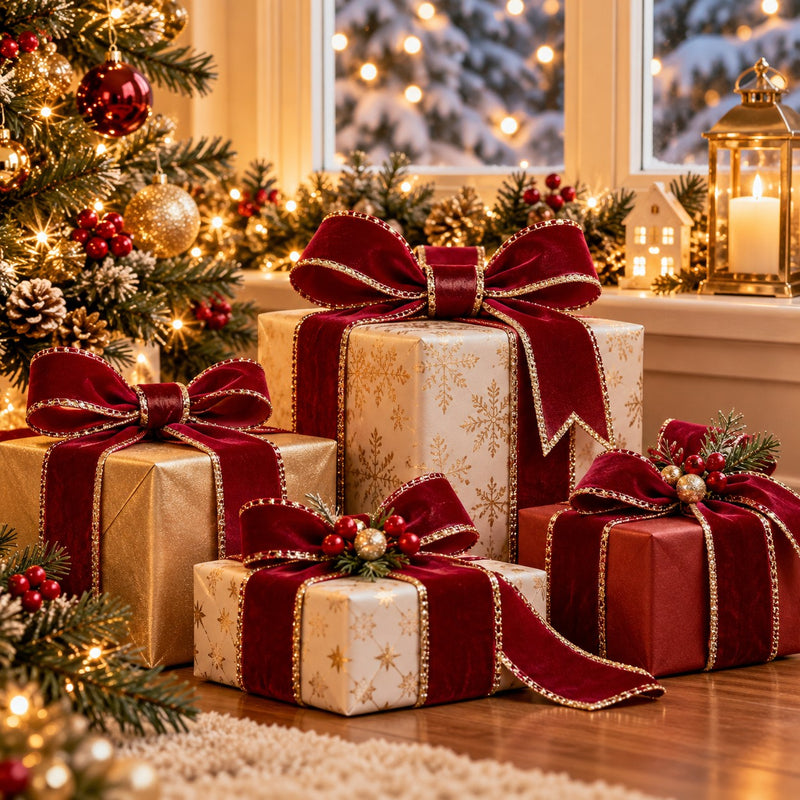 Piovaccari Ruban Double Sides Velvet & Glitter Rouge Foncé 40 mm x 10 m – Ruban de Noël en Velours et Paillettes pour Sapin de Noël, Nœuds et Emballages Cadeaux