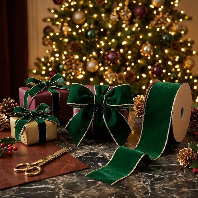 Piovaccari Ruban Double Sides Velvet & Glitter Vert Foncé 63 mm x 10 m – Ruban de Noël en Velours et Paillettes pour Sapin de Noël, Nœuds et Emballages Cadeaux