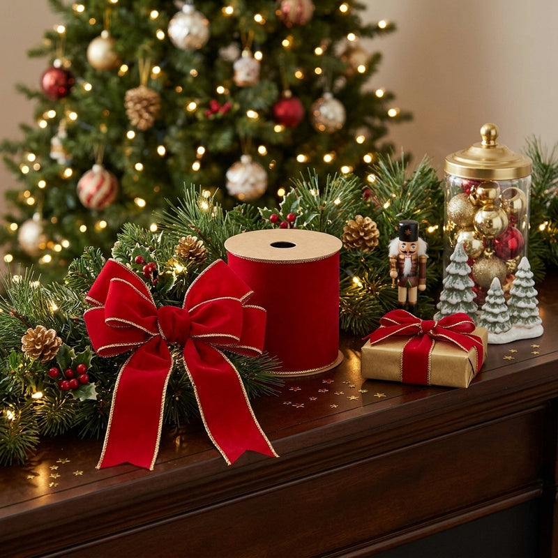 Piovaccari Ruban Double Sides Velvet & Glitter Rouge 100 mm x 10 m – Ruban de Noël en Velours et Paillettes pour Sapin de Noël, Nœuds et Emballages Cadeaux