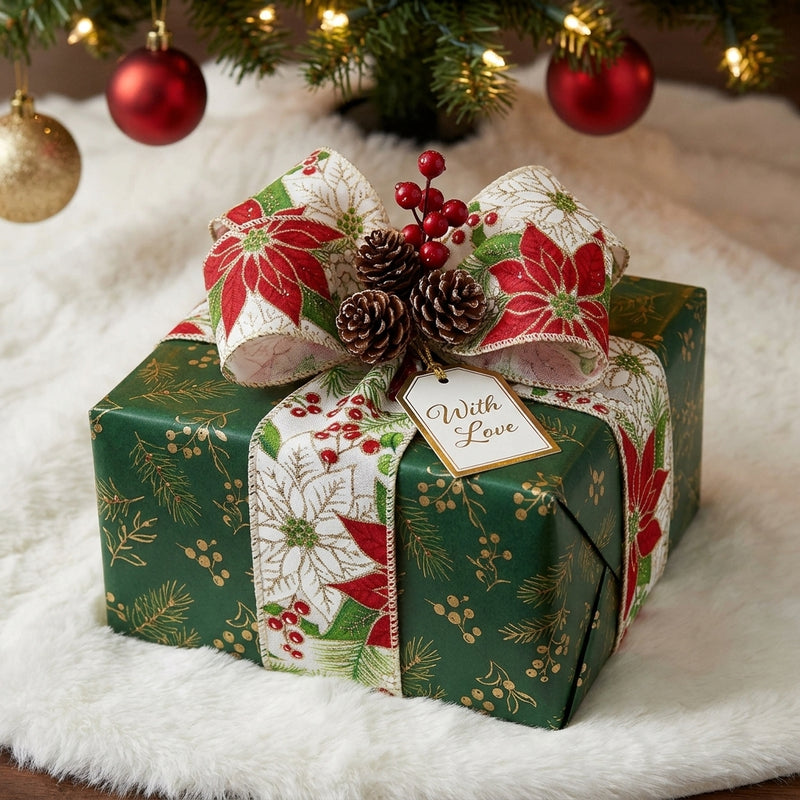 Piovaccari Ruban Poinsettia 63 mm x 10 m – Ruban décoratif de Noël à motif poinsettia pour sapin, noeuds et paquets cadeaux