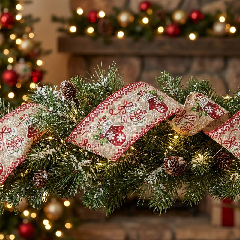 Piovaccari Ruban Christmas Gloves 63 mm x 10 m – Ruban Décoratif de Noël à Motif Gants de Noël pour Sapin, Nœuds et Emballages Cadeaux