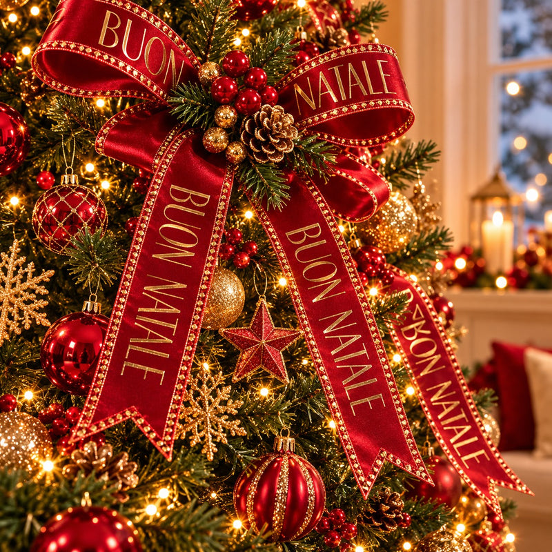 Piovaccari Ruban Buon Natale Red Dahlia Rouge 25 mm x 15 m – Ruban décoratif de Noël avec inscription Buon Natale pour sapin, nœuds, paquets cadeaux et décorations de Noël