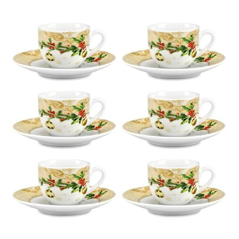 Ensemble de 6 tasses à café de Noël Fade Holly avec soucoupes, 100 ml, multicolores