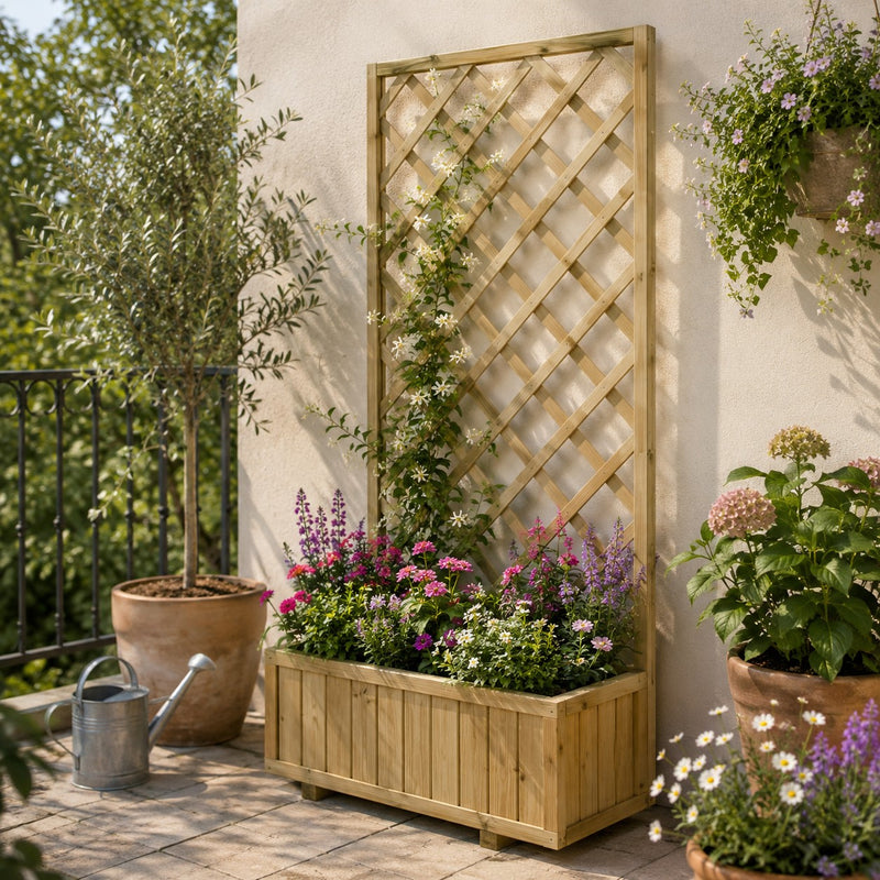 Bac à Fleurs en Bois Jardin L'Arcolaio avec Treillage Imprégné 90x30x180cm