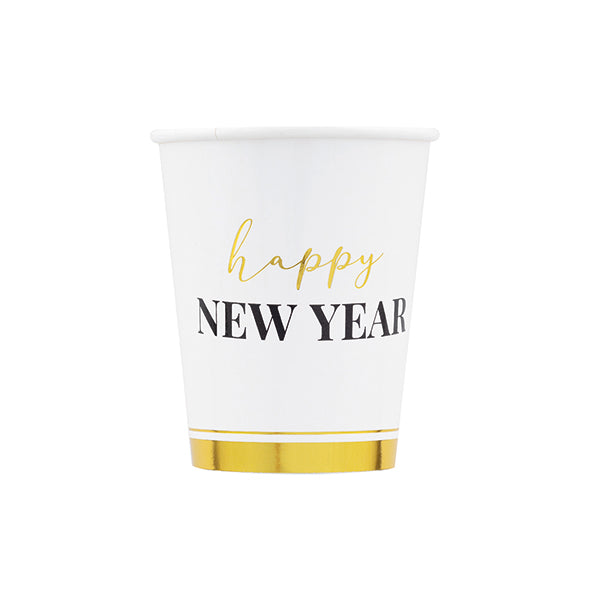 Lot de 8 verres de Noël Givi avec horloge Happy New Year, blancs, 250 ml