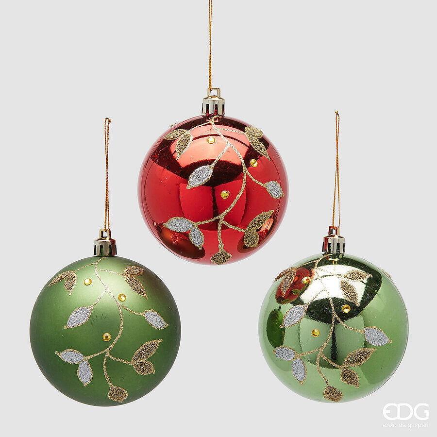 EDG Enzo De Gasperi Lot de 3 Boules de Noël Gui Ø8 cm Vert Rouge Assortis – Décoration Sapin de Noël 1 Pcs