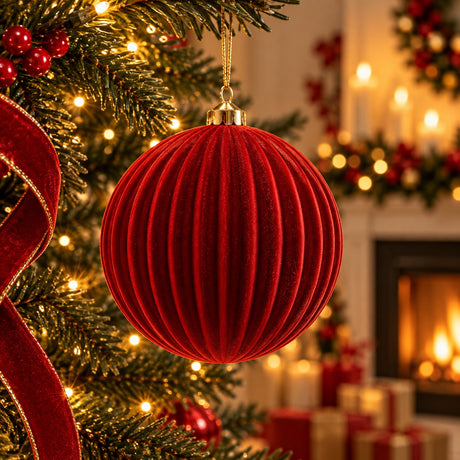 EDG Enzo De Gasperi Boule de Noël en Velours à Rayures Rouge Ø17,5 cm – Décoration de Noël