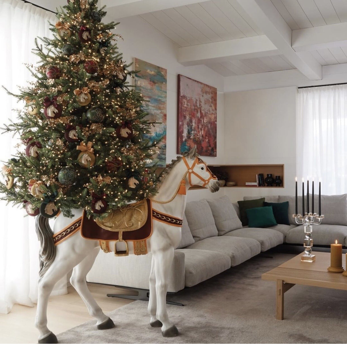 Pied pour Sapin de Noël Cheval pour Pin H 142 Cm 138 x 38 Cm Blanc Vert Foncé