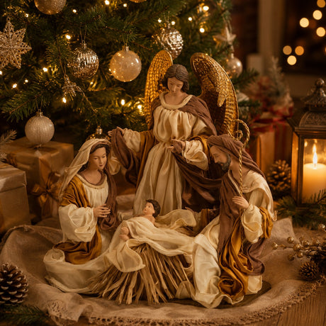 Figurine de crèche de Noël EDG Enzo De Gasperi en tissu avec ange H 43 cm ivoire doré