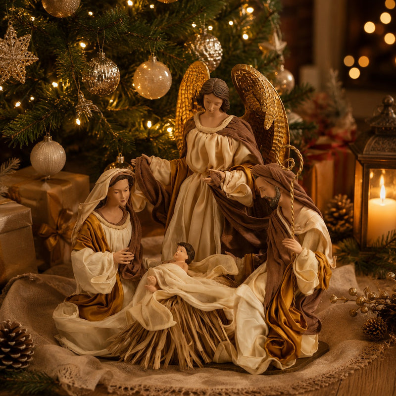 Figurine de crèche de Noël EDG Enzo De Gasperi en tissu avec ange H 43 cm ivoire doré