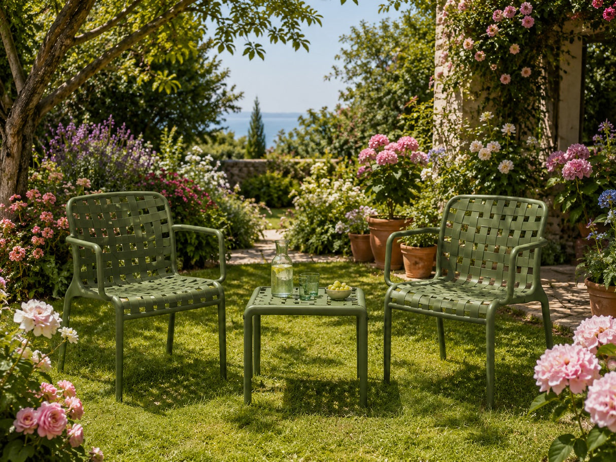 L'Arcolaio Ensemble Ventotene Vert avec 2 Fauteuils et Table Basse en Polypropylène