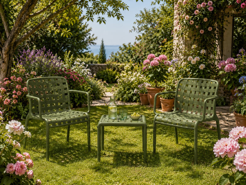 L'Arcolaio Ensemble Ventotene Vert avec 2 Fauteuils et Table Basse en Polypropylène