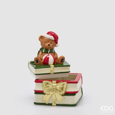 EDG Enzo De Gasperi Boîte Natalière Ours avec Livres en Céramique H23x16,5x16,5 cm Vert Rouge – Décoration de Noël