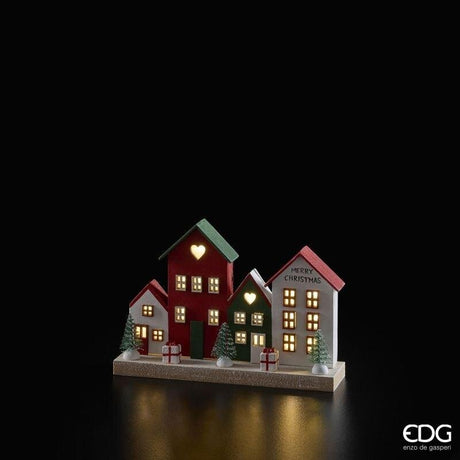 EDG Enzo De Gasperi Diorama Paysage avec Petites Maisons LED H12x19,5x4,5 cm Rouge Mélangé – Décoration de Noël