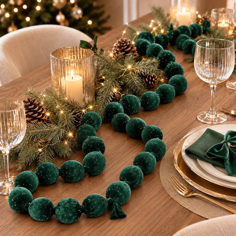 EDG Enzo De Gasperi Festone Natalizio 28 Palle in Velluto Verde Scuro L180 cm – Decorazione di Natale
