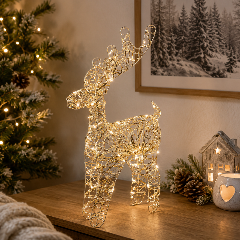 EDG Enzo De Gasperi Décoration Renne de Noël LED tressé 50 micro-LED H 50 cm L 13 cm P 27 cm IP20 Or
