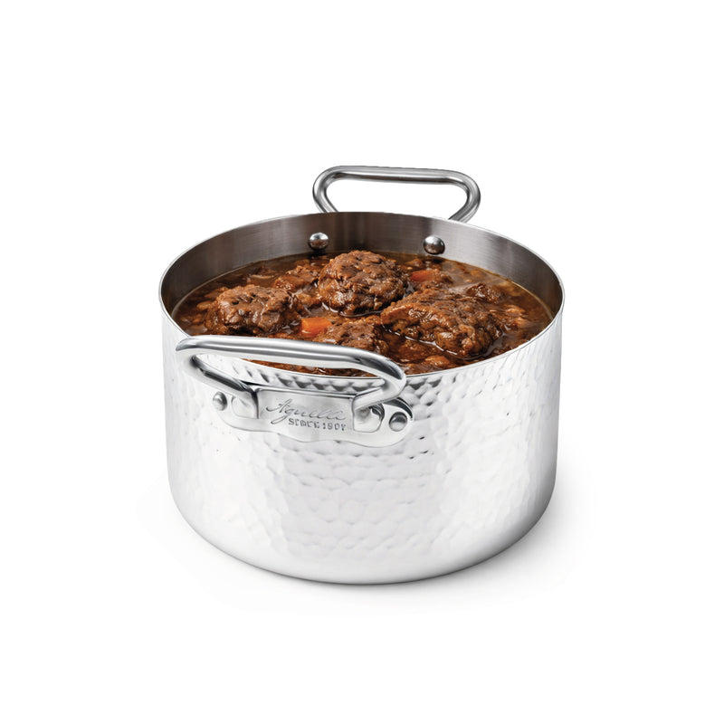AGNELLI Faitout haut martelé Aluinox 3 plis 16x12 cm avec 2 poignées en acier inoxydable