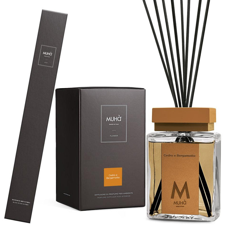Muhà Luxe Diffuseur de Parfum d'Ambiance avec Bâtonnets Cèdre et Bergamote 500 ml