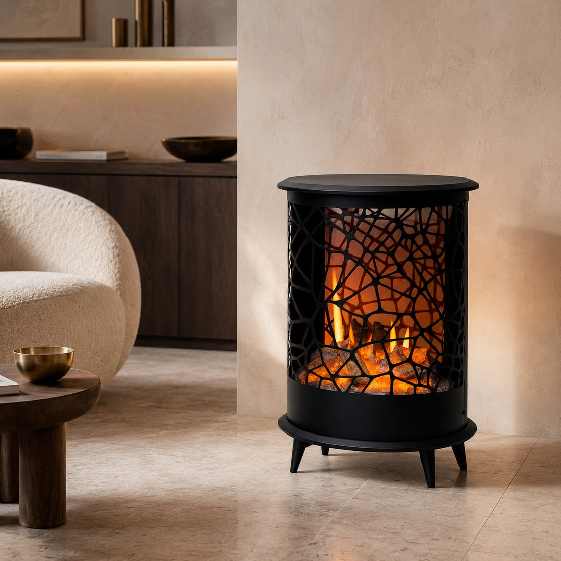SINED Caminetto Elettrico Rotondo da Pavimento con Fiamma Olografica 42 x 36 x 72 cm – Camino Decorativo Moderno per Arredo Casa