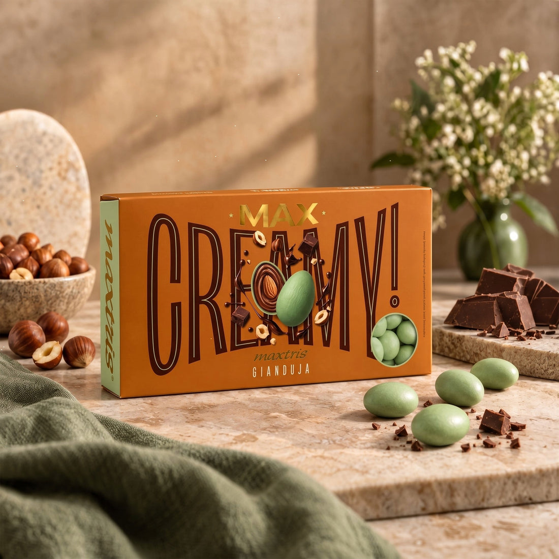 Maxtris Dragées Creamy Max Gianduia Vert Sauge 1 kg – Dragées Gourmandes au Goût Gianduia pour Mariages, Cérémonies, Fêtes et Confettatas
