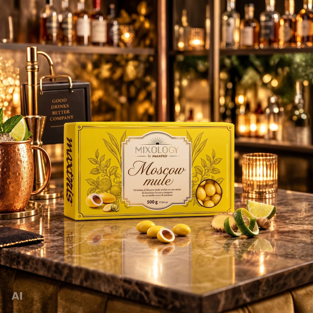 Maxtris Dragées Mixology Moscow Mule 500 g – Dragées Jaunes au Chocolat Blanc avec Cœur Liquoreux au Goût Moscow Mule pour Fêtes et Événements