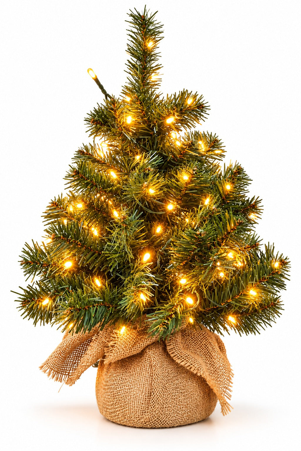 Sapin de Noël Artificiel Vert avec 120 Lumières LED G 60 cm Blanc Chaud et Base en Jute – Mini Sapin Natalizio Lumineux Décoratif pour la Maison