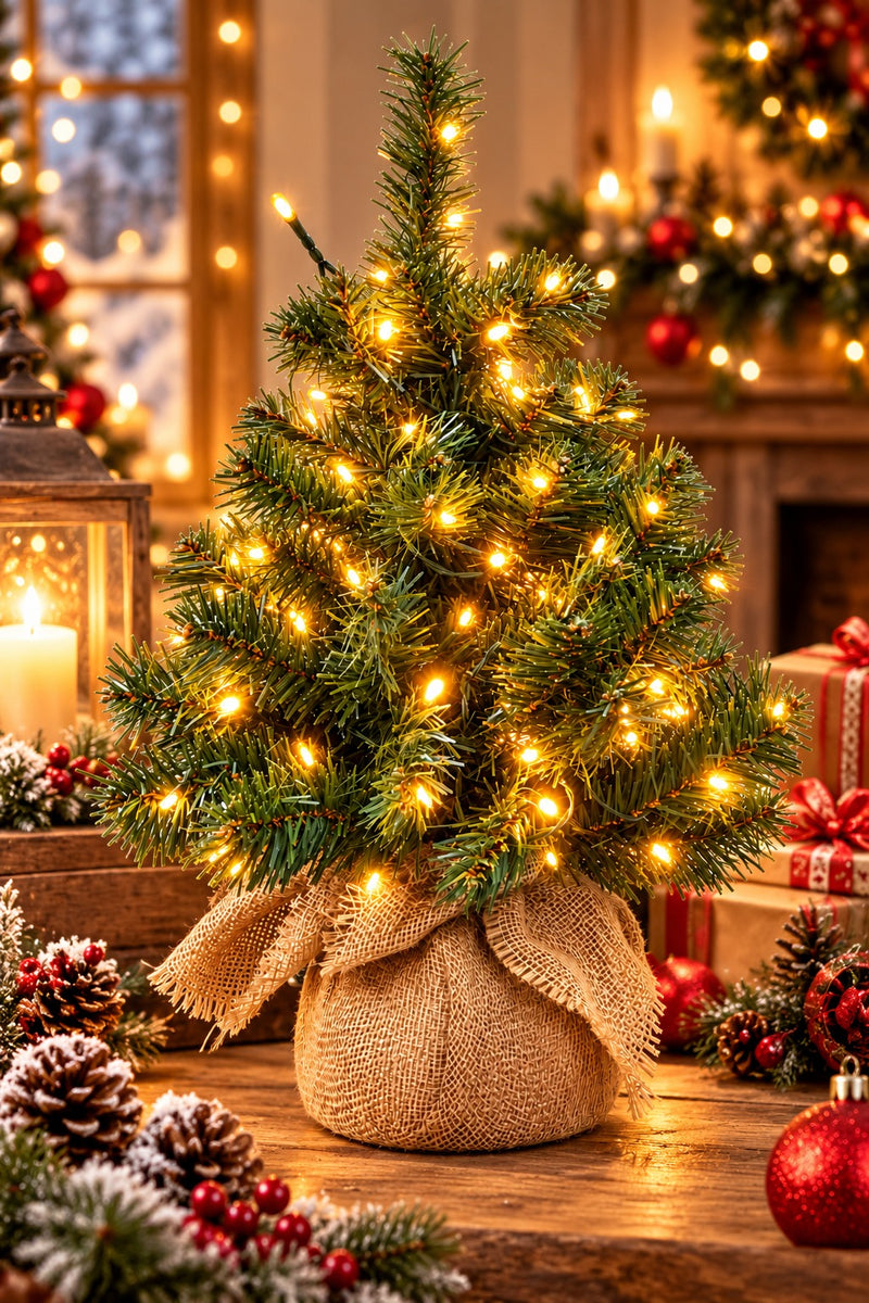 Sapin de Noël Artificiel Vert avec 120 Lumières LED G 60 cm Blanc Chaud et Base en Jute – Mini Sapin Natalizio Lumineux Décoratif pour la Maison
