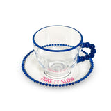 Lot de 2 tasses en verre WD LifeStyle de 230 ml avec soucoupes, décorations « Take it slow » et « Keep it chill », rose et bleu