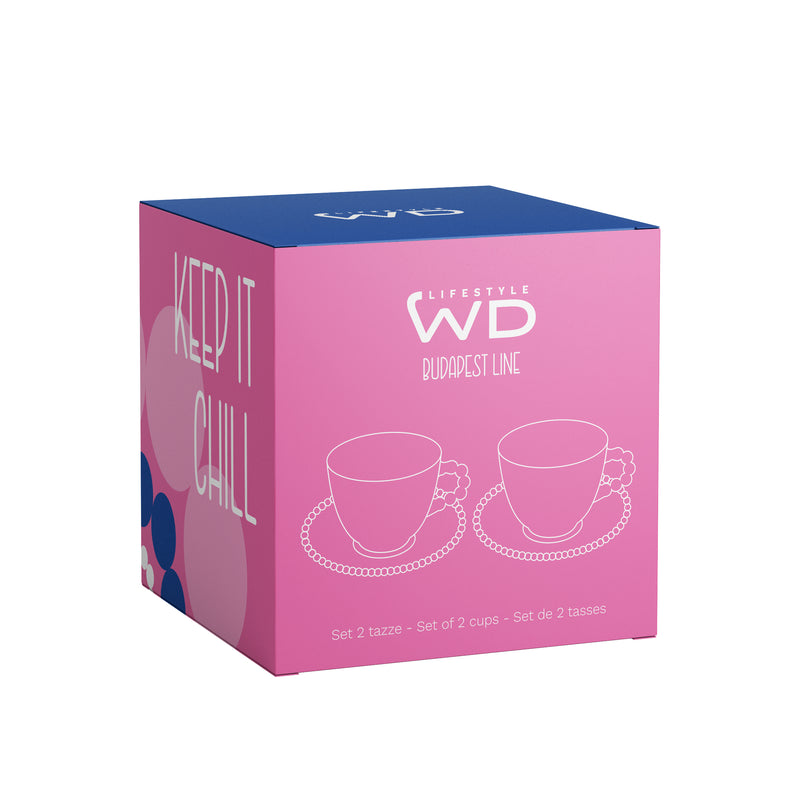 Lot de 2 tasses en verre WD LifeStyle de 230 ml avec soucoupes, décorations « Take it slow » et « Keep it chill », rose et bleu