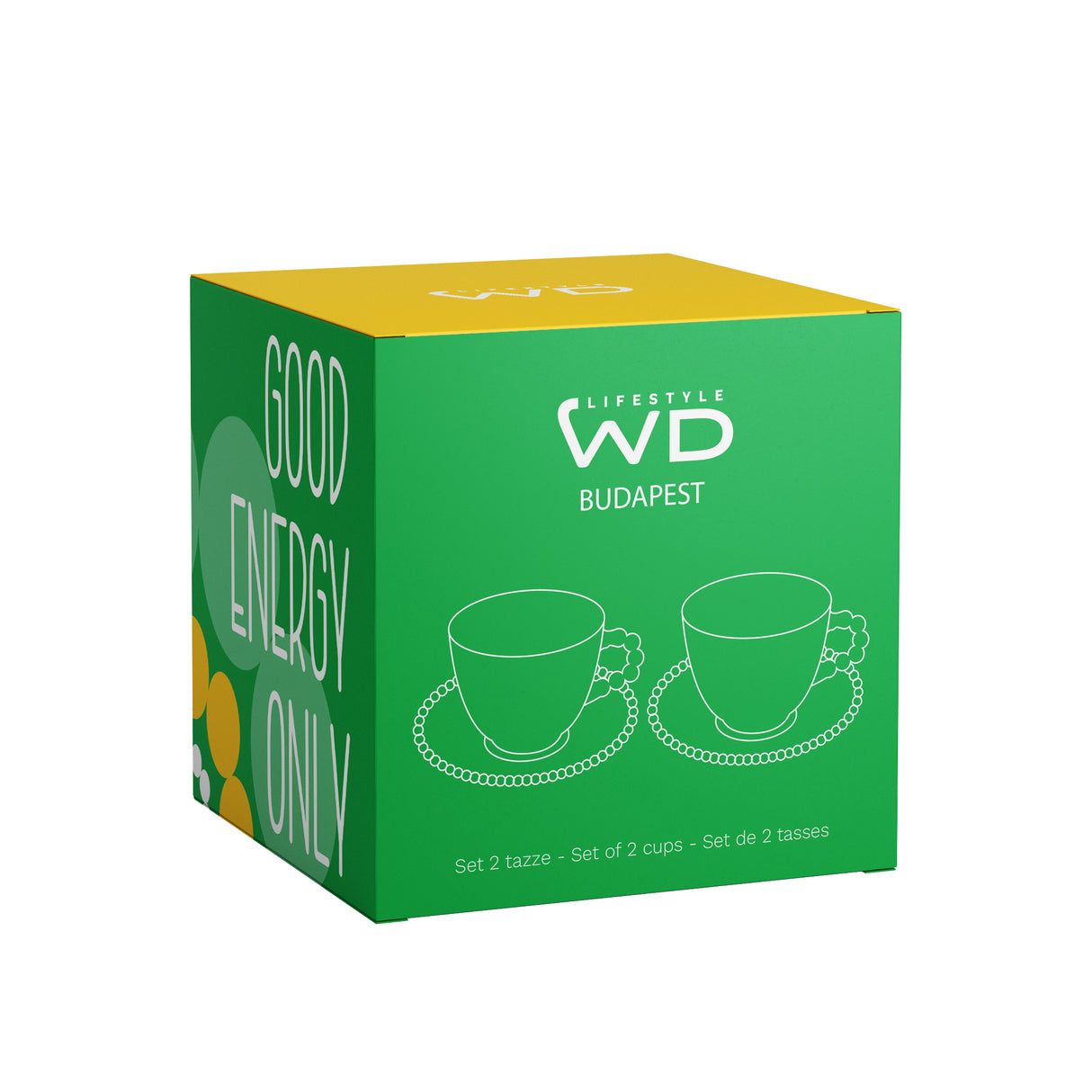 Lot de 2 tasses en verre WD LifeStyle de 230 ml avec soucoupes, décorées avec les inscriptions « Que de la bonne énergie » et « Pas de mauvais jours », jaune et vert.