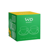Lot de 2 tasses en verre WD LifeStyle de 230 ml avec soucoupes, décorées avec les inscriptions « Que de la bonne énergie » et « Pas de mauvais jours », jaune et vert.