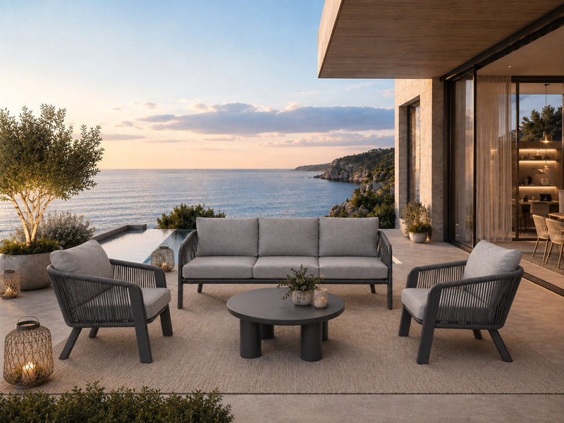 Ensemble Salon Moia Greenwood SANTA CRUZ en Aluminium Anthracite et Corde Grise – 2 Fauteuils, Canapé 3 Places et Table Basse
