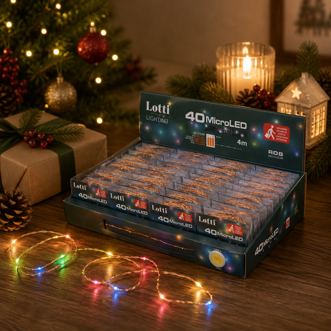 Lots de guirlandes de Noël 40 micro LED RGB 4 Mt 3 x AA Boîte PVC