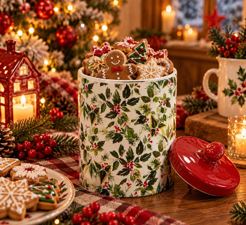 Bocal à biscuits de Noël en céramique Precious Luxury Home, Ø 12 cm, hauteur 20 cm, multicolore