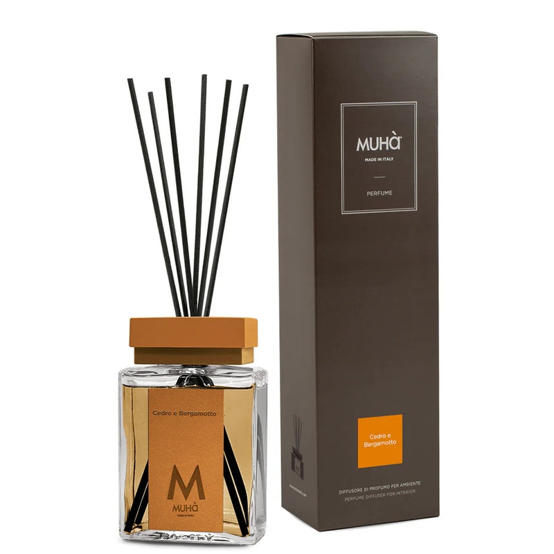 Diffuseur de parfum d'ambiance Muhà Luxe avec bâtonnets Cèdre et Bergamote 200 ml
