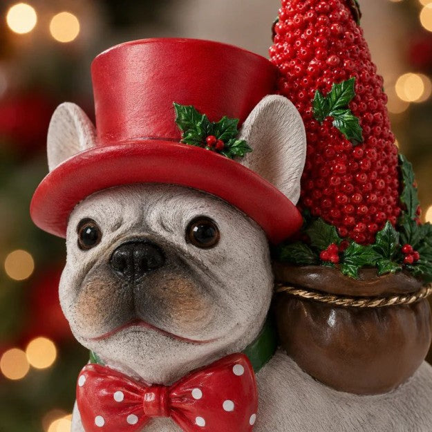 EDG Enzo De Gasperi Cane Bulldog con Pino H28,5 cm Bianco Rosso – Decorazione Natalizia