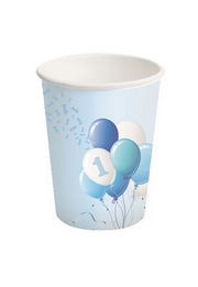 Gobelets en papier Bigiemme 250 ml, ballons bleus pour 1er anniversaire (8 pièces)
