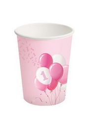 Gobelets en papier Bigiemme 250 ml, ballons roses pour 1er anniversaire (8 pièces)