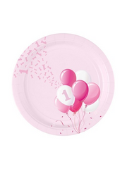 Assiettes en carton Bigiemme 18 cm, 1er anniversaire, ballons roses, lot de 8