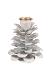 Bougeoir de Noël Bizzotto Harriet pour 1 personne, en forme de pomme de pin, H 8,5 cm, D 7 cm, métal blanc